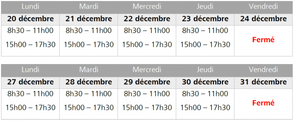 Horaires et traitements de fin d'année 2024
