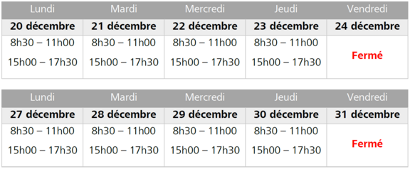 Horaires et traitements de fin d&#039;année 2024